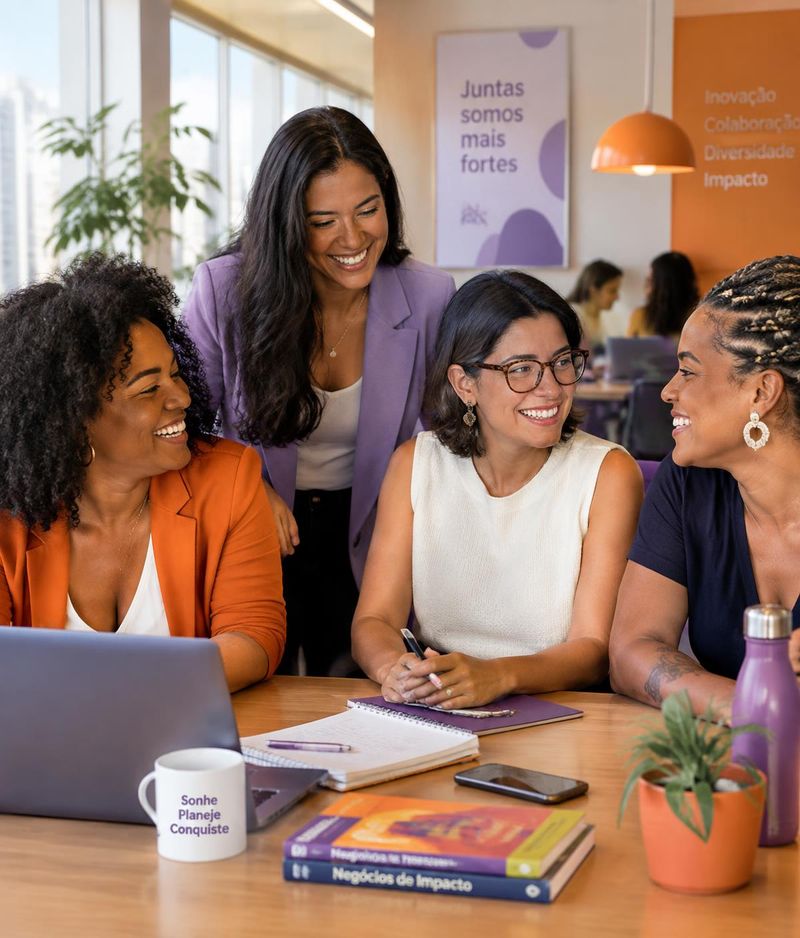 Quatro mulheres empreendedoras sorrindo e conversando em um espaço de trabalho colaborativo